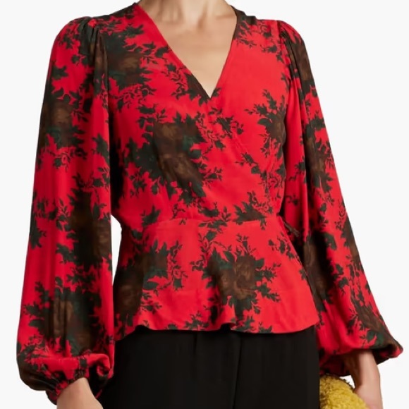 NWT!! GANNI Floral-print crepe de chine wrap top - Picture 1 of 12